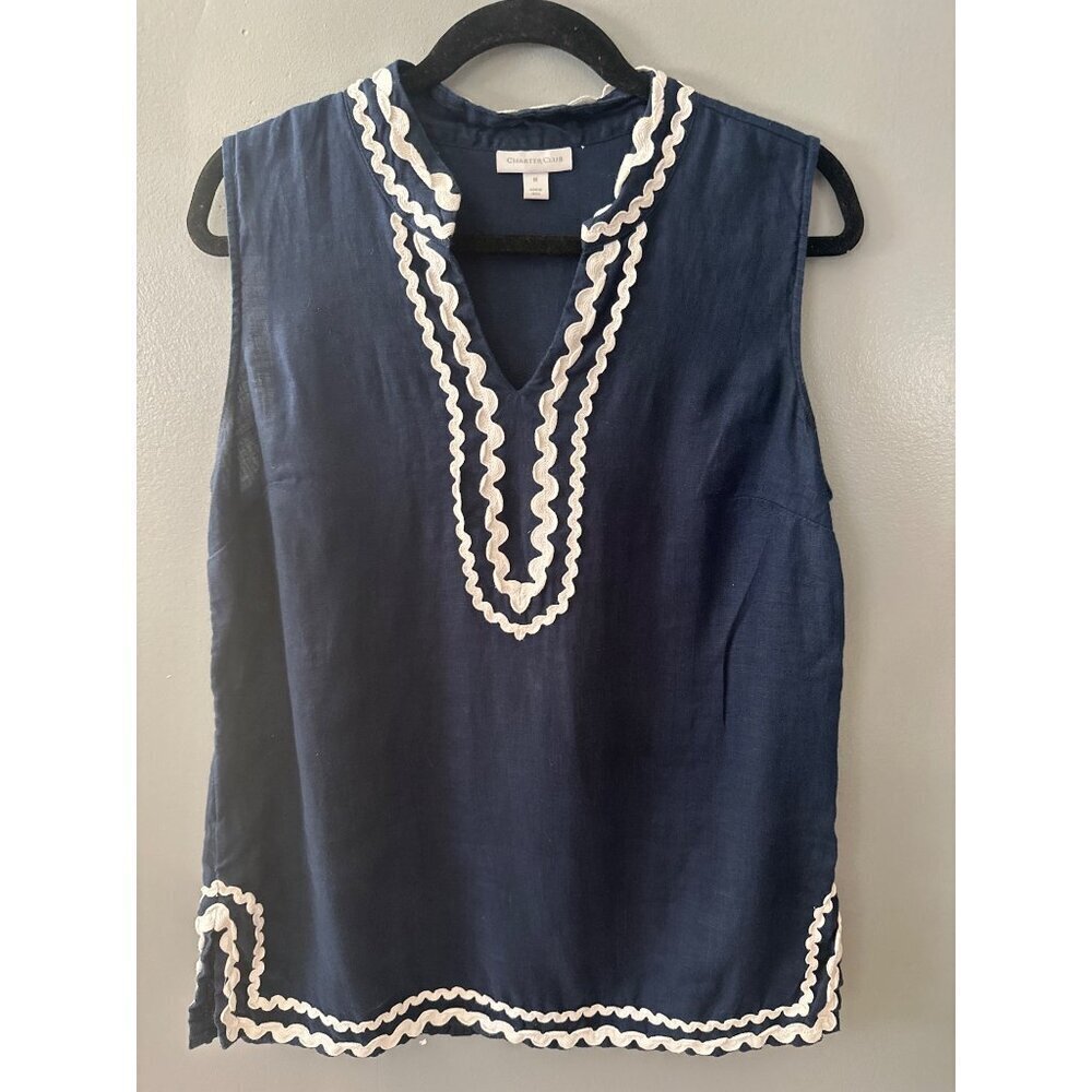 Charter Club Linen Top Size M Navy Blue White Embroidered Coastal Preppy Chic - Picture 3 of 6